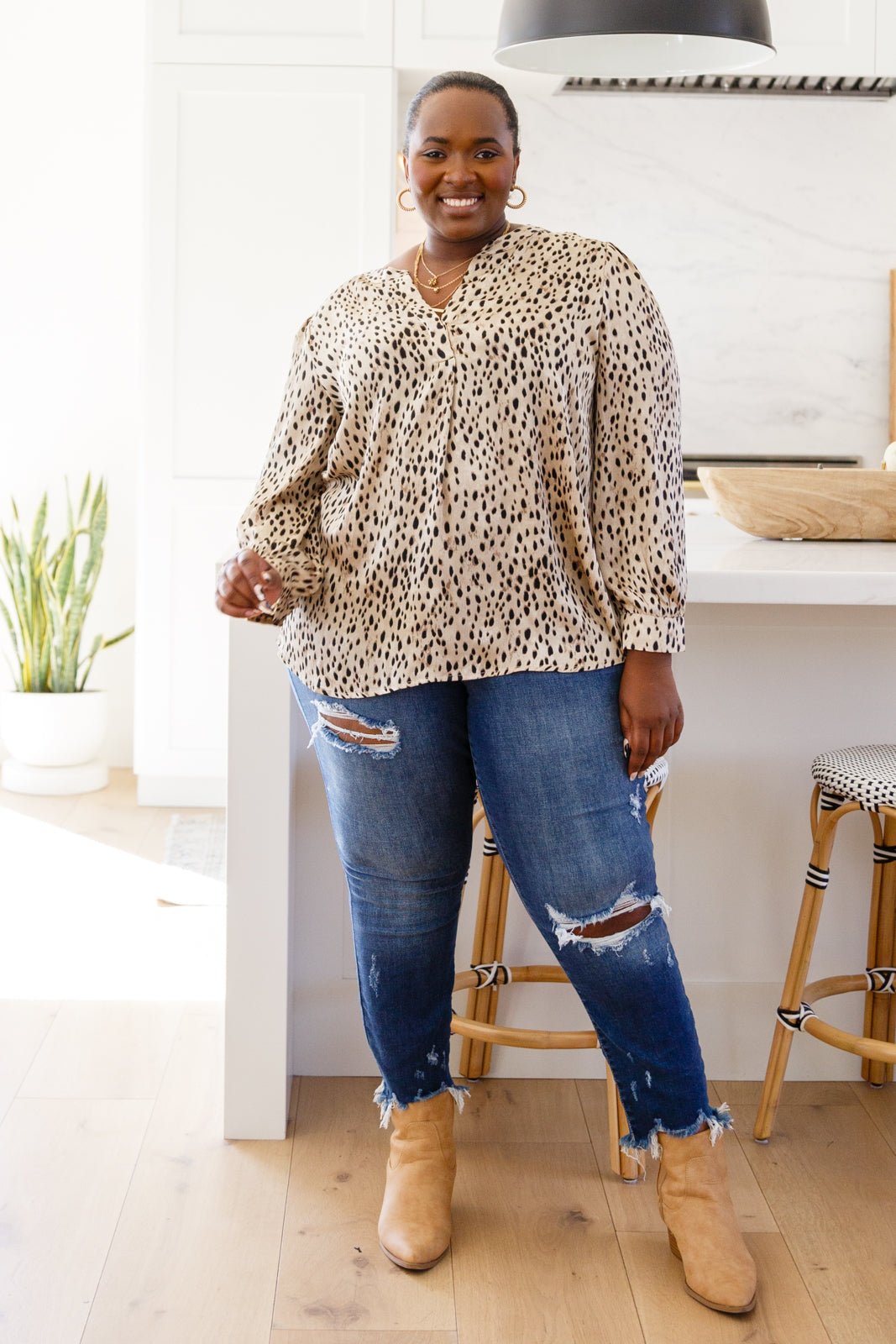 Countless Memories Split Neckline Dot Print Top (Online Exclusive) - Uptown Boutique Ramona