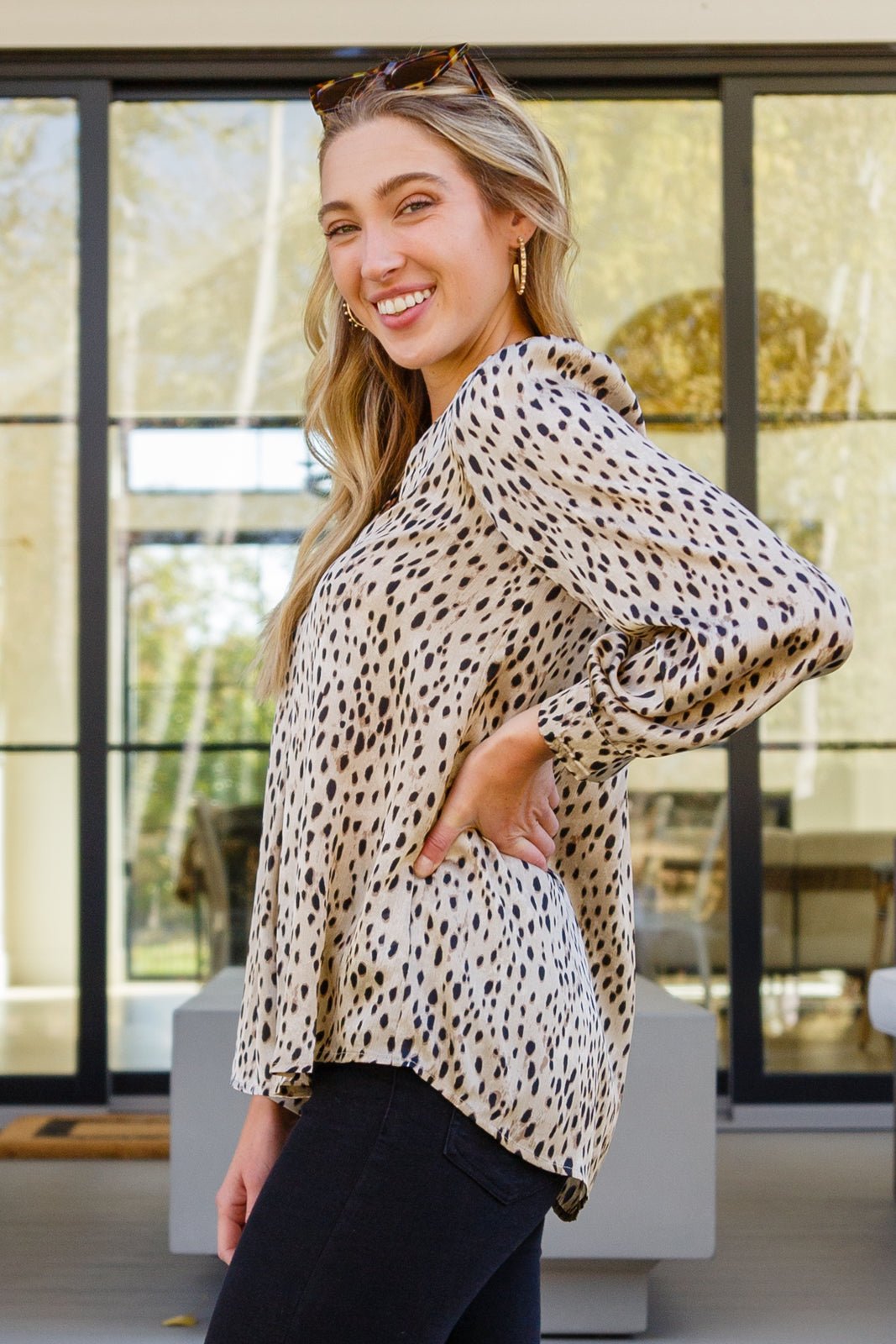 Countless Memories Split Neckline Dot Print Top (Online Exclusive) - Uptown Boutique Ramona