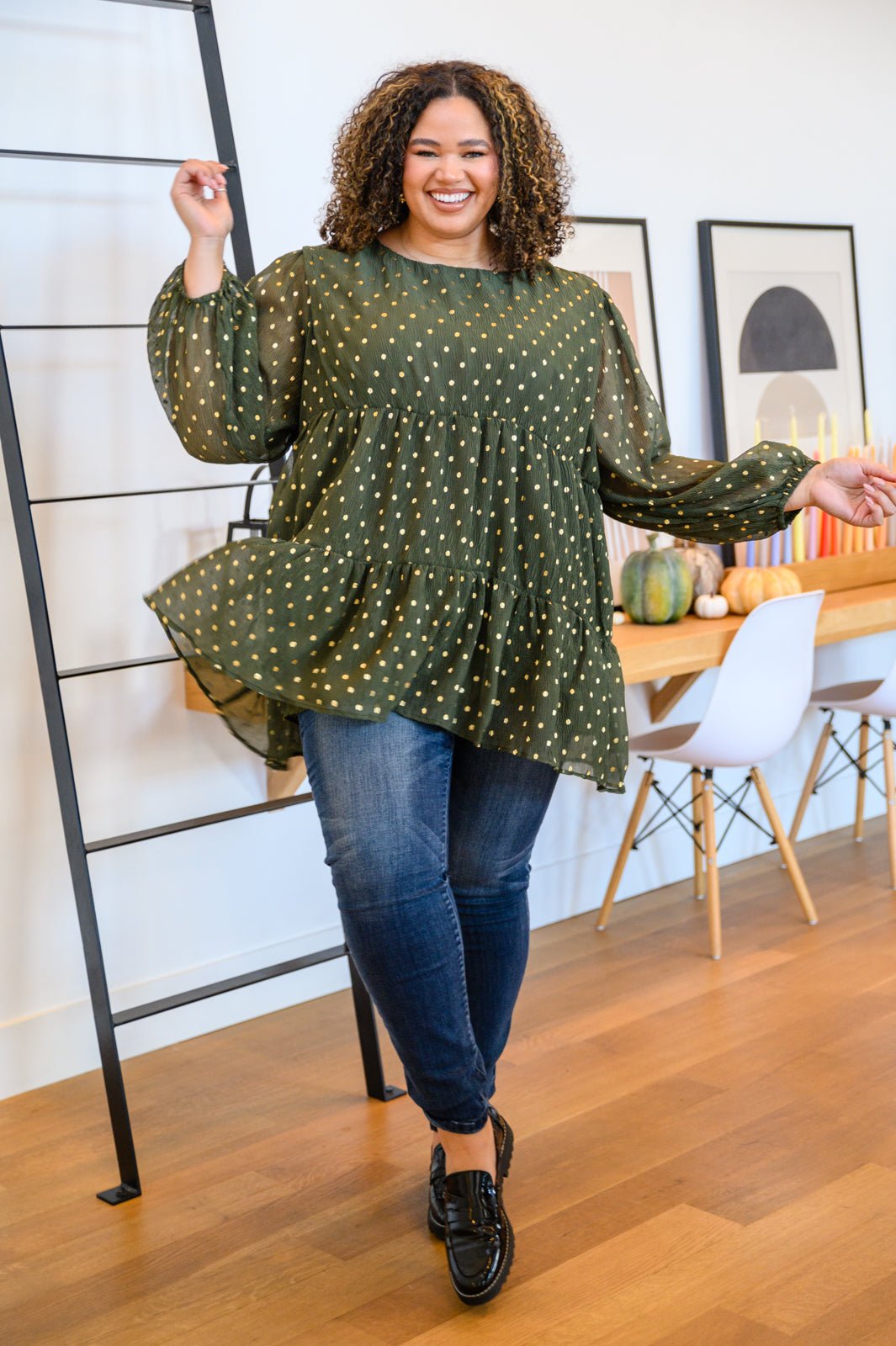 Coya Metallic Dot Tiered Blouse in Olive (Online Exclusive) - Uptown Boutique Ramona