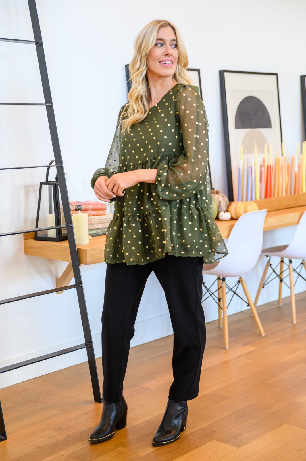 Coya Metallic Dot Tiered Blouse in Olive (Online Exclusive) - Uptown Boutique Ramona