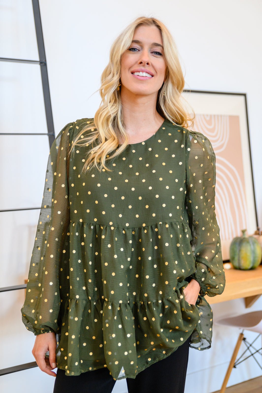 Coya Metallic Dot Tiered Blouse in Olive (Online Exclusive) - Uptown Boutique Ramona