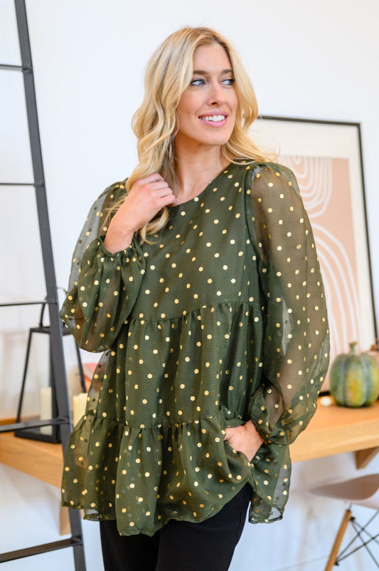 Coya Metallic Dot Tiered Blouse in Olive (Online Exclusive) - Uptown Boutique Ramona