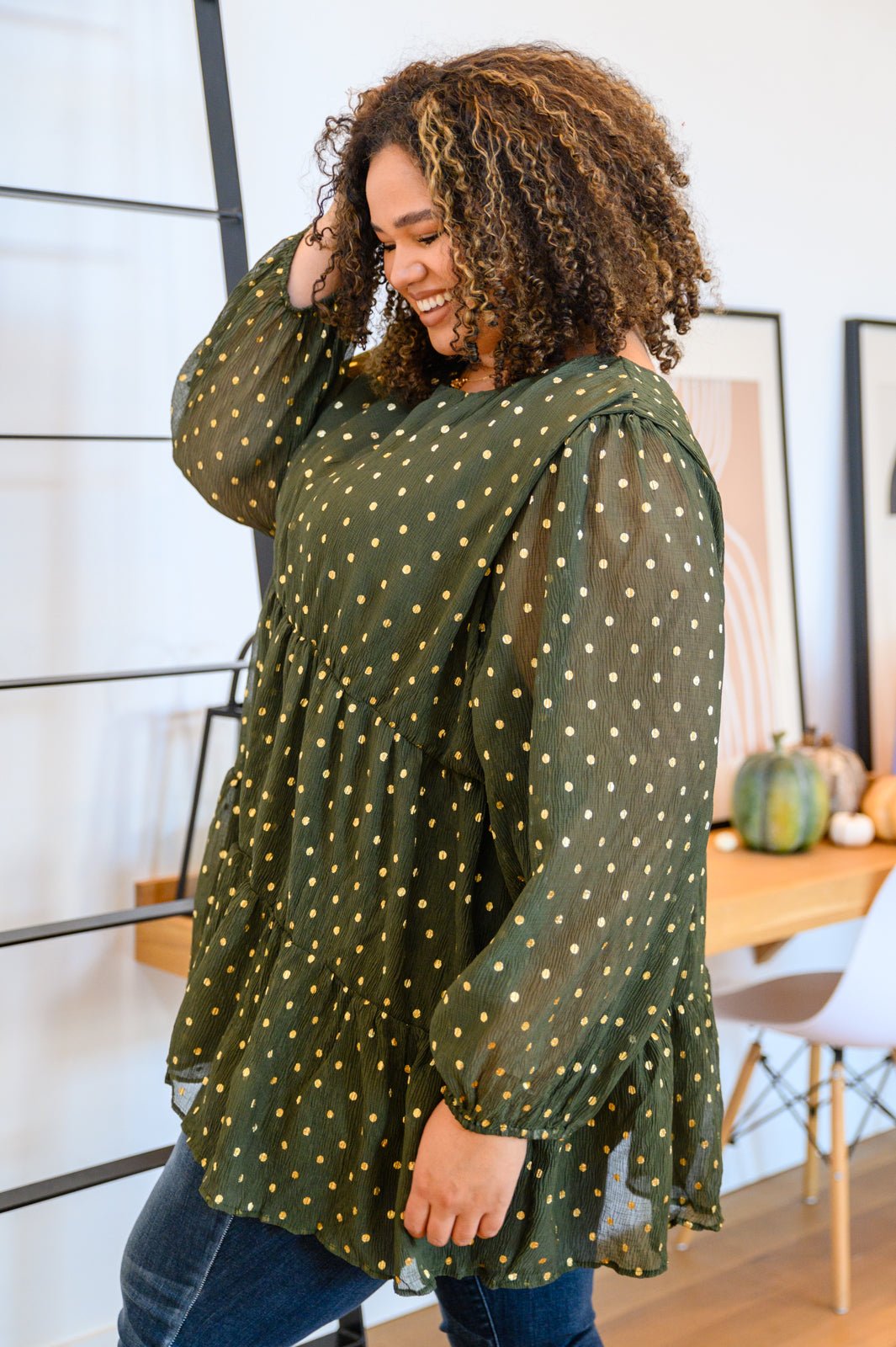 Coya Metallic Dot Tiered Blouse in Olive (Online Exclusive) - Uptown Boutique Ramona