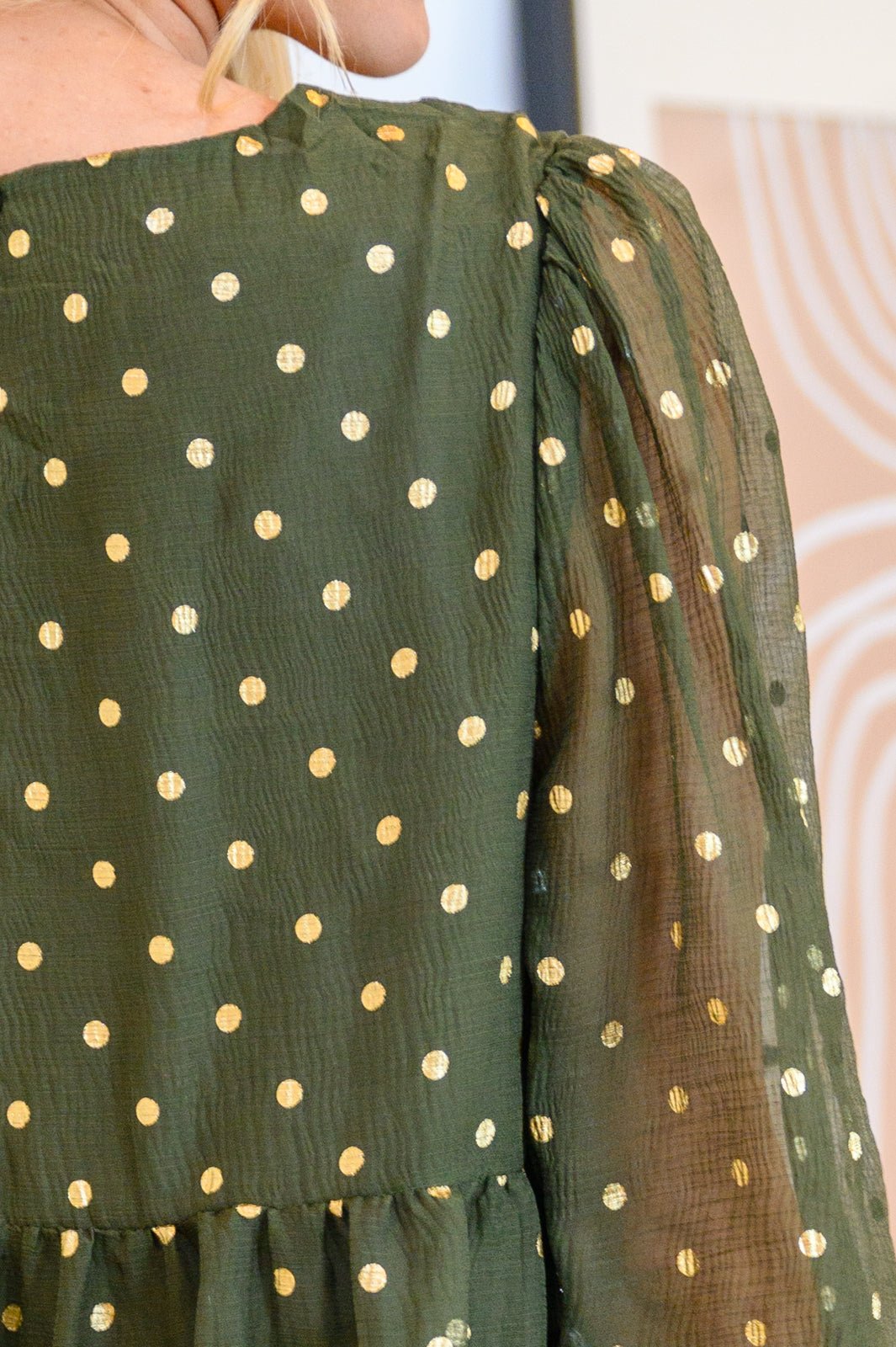 Coya Metallic Dot Tiered Blouse in Olive (Online Exclusive) - Uptown Boutique Ramona