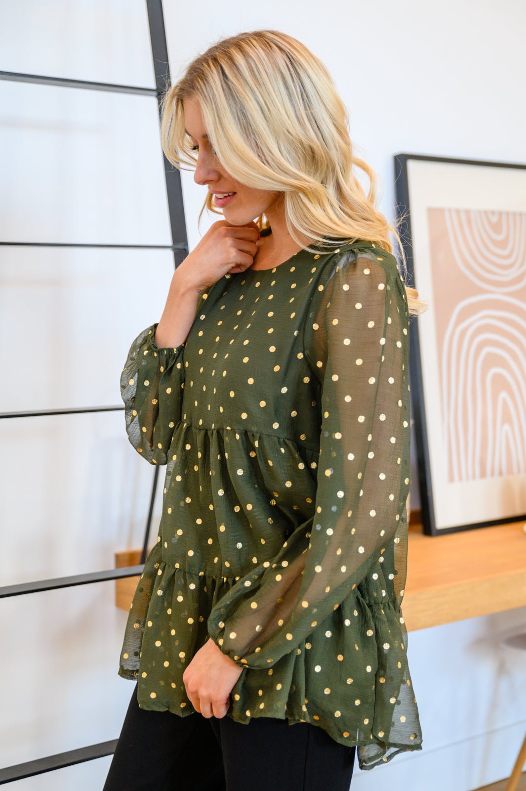 Coya Metallic Dot Tiered Blouse in Olive (Online Exclusive) - Uptown Boutique Ramona