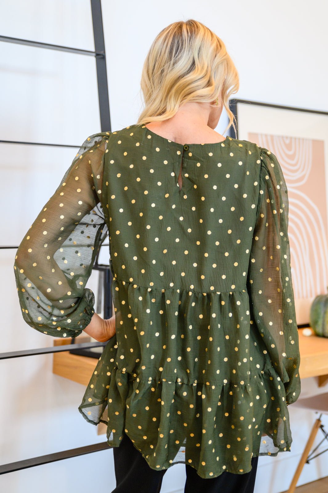 Coya Metallic Dot Tiered Blouse in Olive (Online Exclusive) - Uptown Boutique Ramona