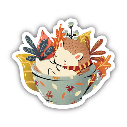 Cozy Hedgehog In Cup With Autumn Leaves Sticker - Uptown Boutique Ramona