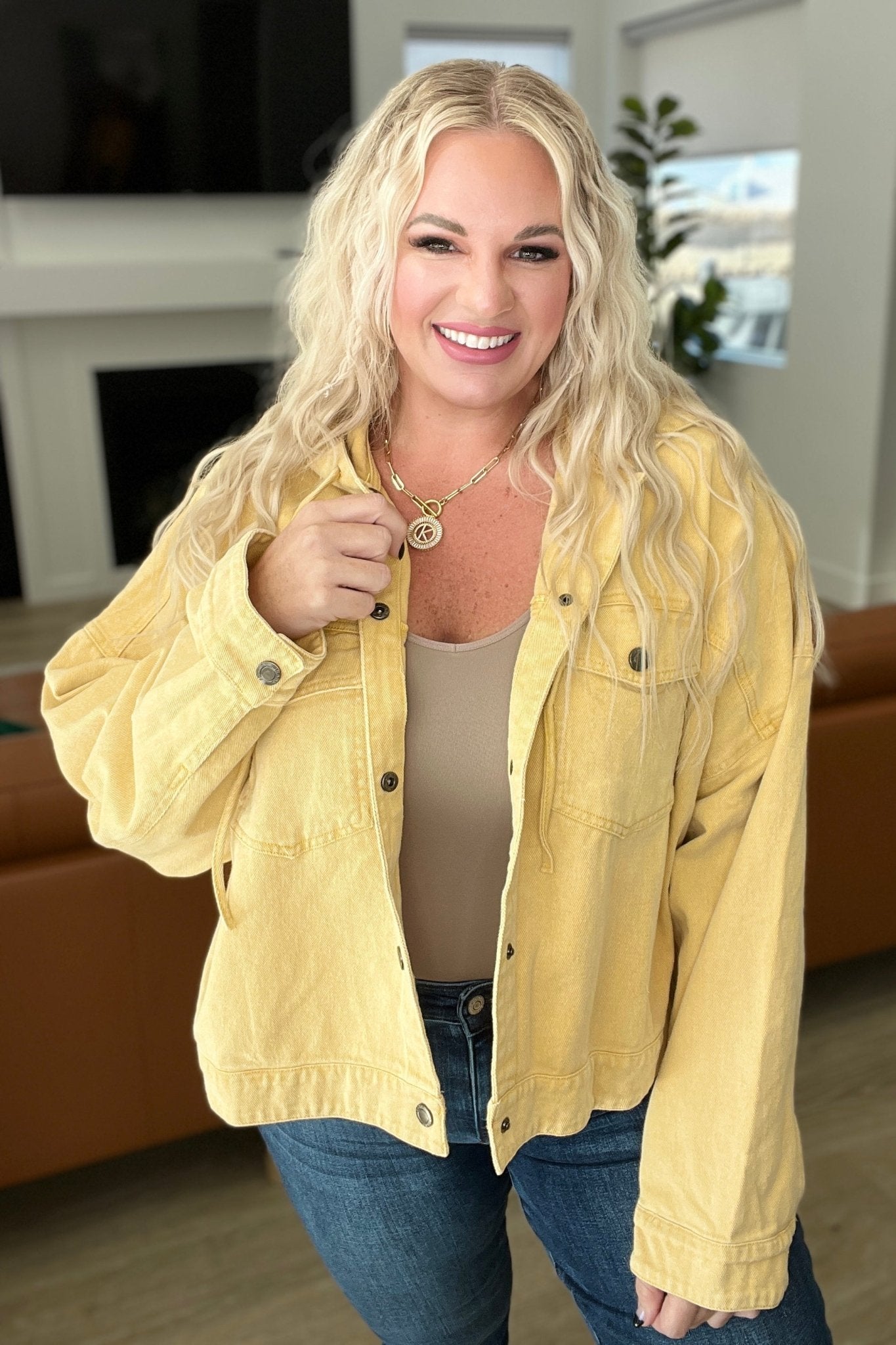 Cropped Hooded Denim Jacket in Mustard (Online Exclusive) - Uptown Boutique Ramona