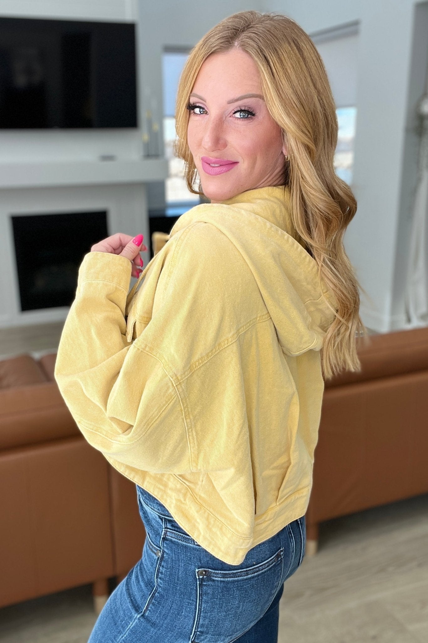 Cropped Hooded Denim Jacket in Mustard (Online Exclusive) - Uptown Boutique Ramona