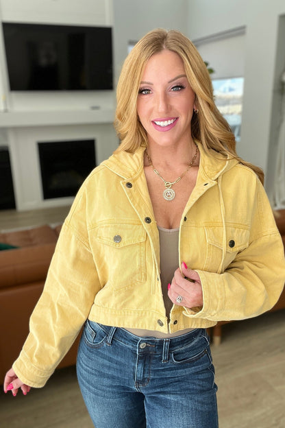 Cropped Hooded Denim Jacket in Mustard (Online Exclusive) - Uptown Boutique Ramona