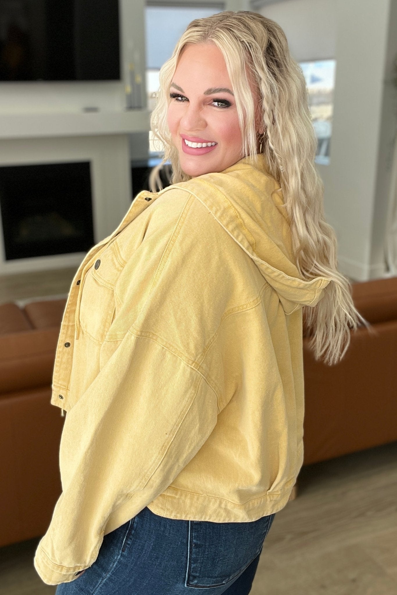 Cropped Hooded Denim Jacket in Mustard (Online Exclusive) - Uptown Boutique Ramona