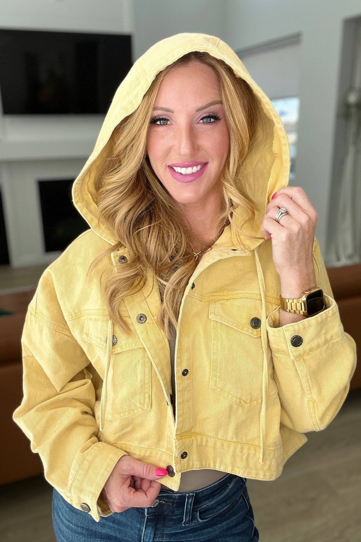 Cropped Hooded Denim Jacket in Mustard (Online Exclusive) - Uptown Boutique Ramona