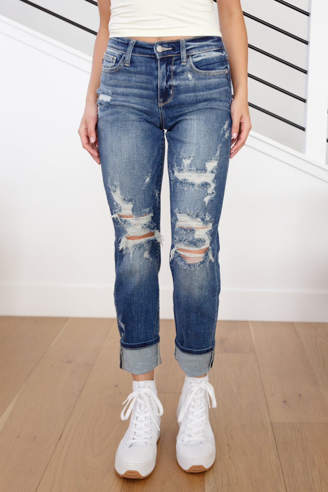 Danny Mid Rise Cuffed Destroyed Boyfriend Jeans - Uptown Boutique Ramona