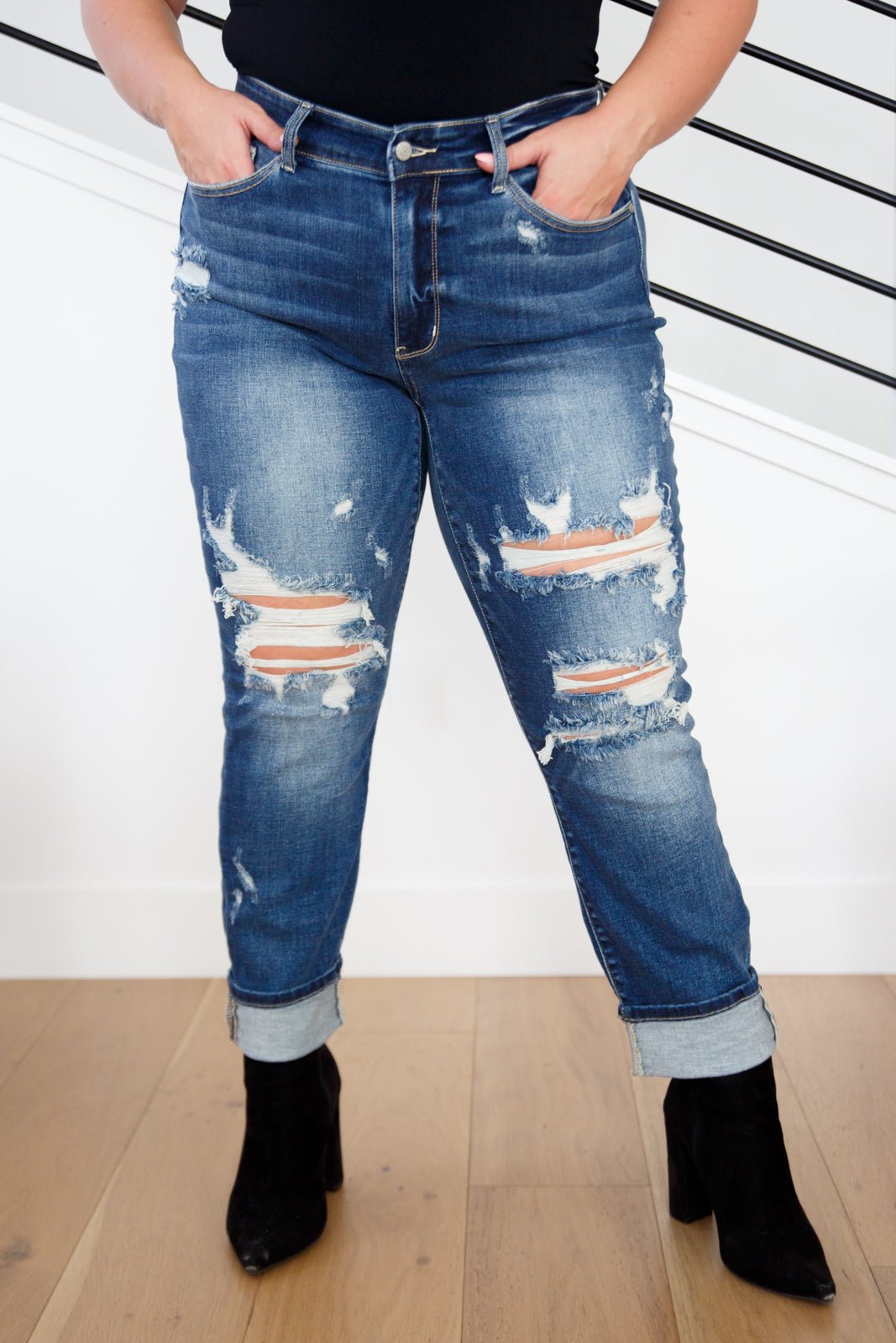 Danny Mid Rise Cuffed Destroyed Boyfriend Jeans - Uptown Boutique Ramona