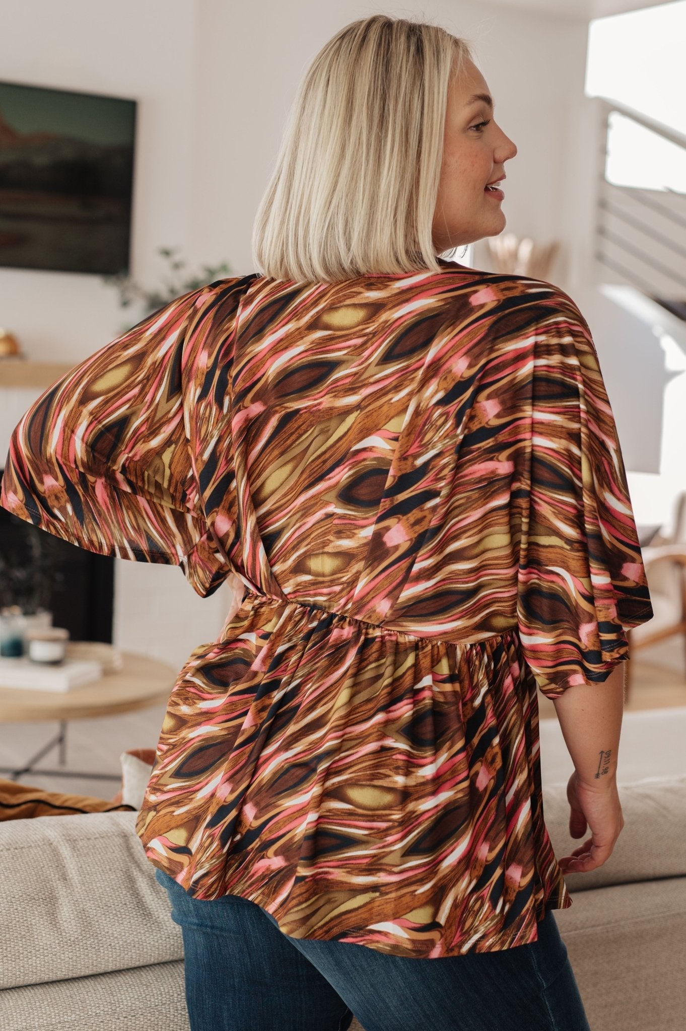 Dearest Dreamer Peplum Top in Abstract Mocha (Online Exclusive) - Uptown Boutique Ramona