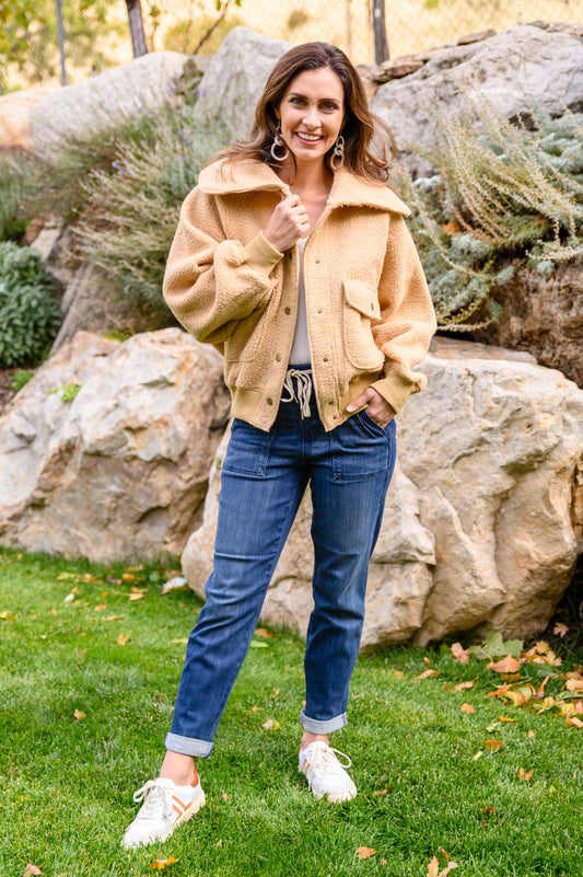 Don't Stress Oversized Collar Sherpa Jacket In Taupe (Online Exclusive) - Uptown Boutique Ramona