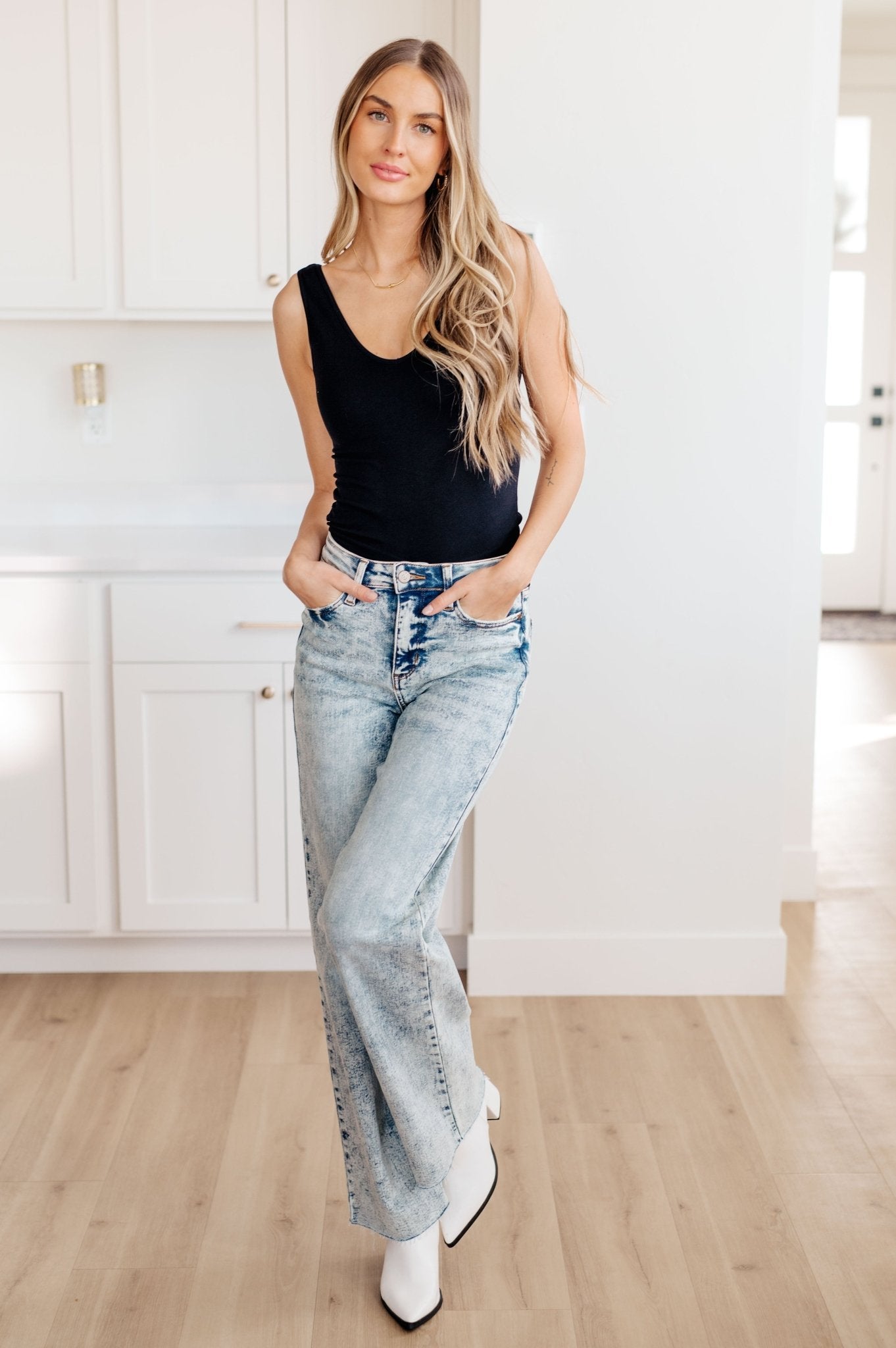 Dory High Waist Mineral Wash Raw Hem Wide Leg Jeans (Online Exclusive) - Uptown Boutique Ramona