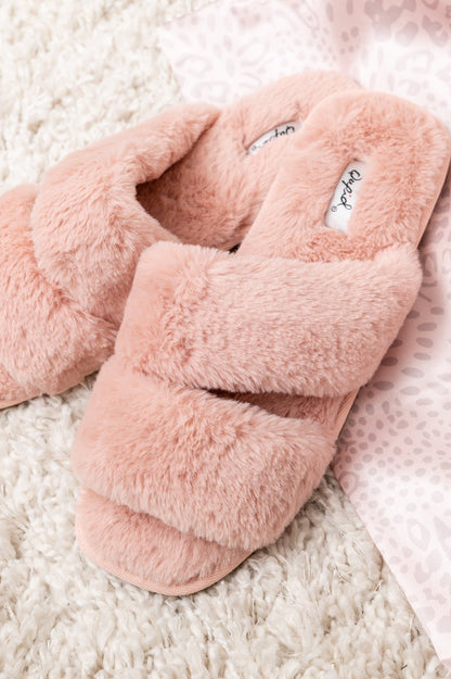 Double Strap Faux Fur Slippers In Blush (Online Exclusive) - Uptown Boutique Ramona