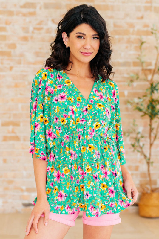 Dreamer Peplum Top in Emerald and Pink Floral (Online Exclusive) - Uptown Boutique Ramona