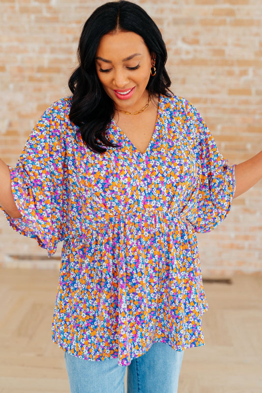 Dreamer Peplum Top in Purple Retro Ditsy Floral (Online Exclusive) - Uptown Boutique Ramona