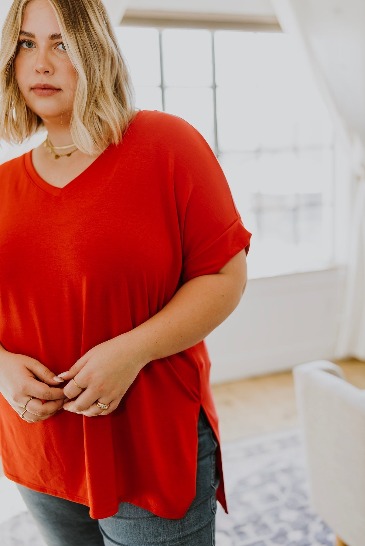 Easy Mornings V - Neck T - Shirt In Red (Online Exclusive) - Uptown Boutique Ramona