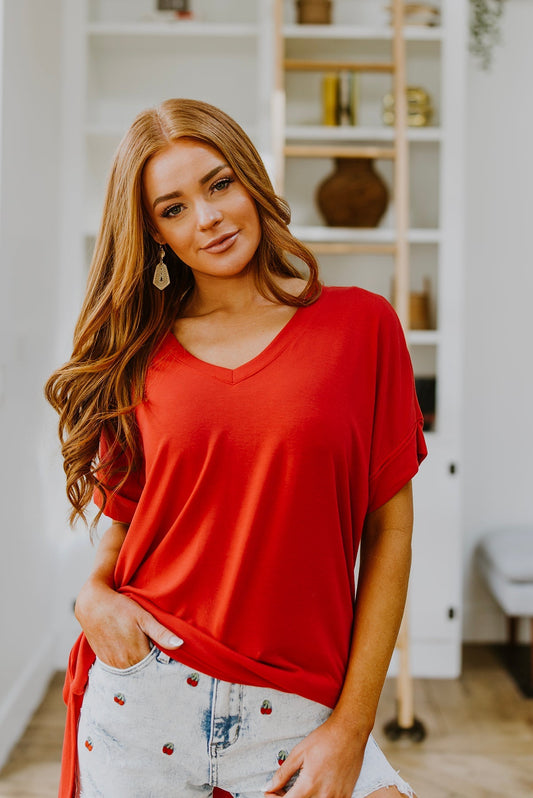 Easy Mornings V - Neck T - Shirt In Red (Online Exclusive) - Uptown Boutique Ramona