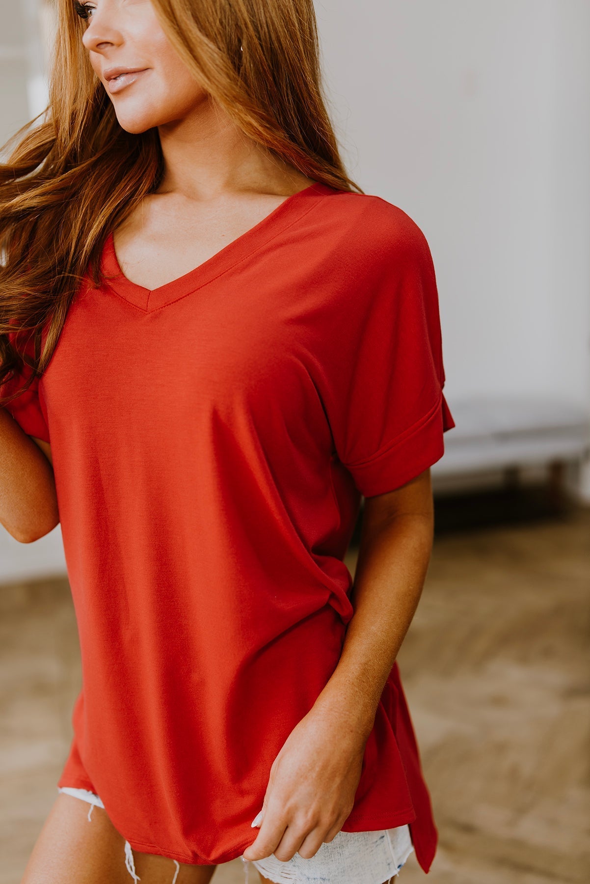 Easy Mornings V - Neck T - Shirt In Red (Online Exclusive) - Uptown Boutique Ramona