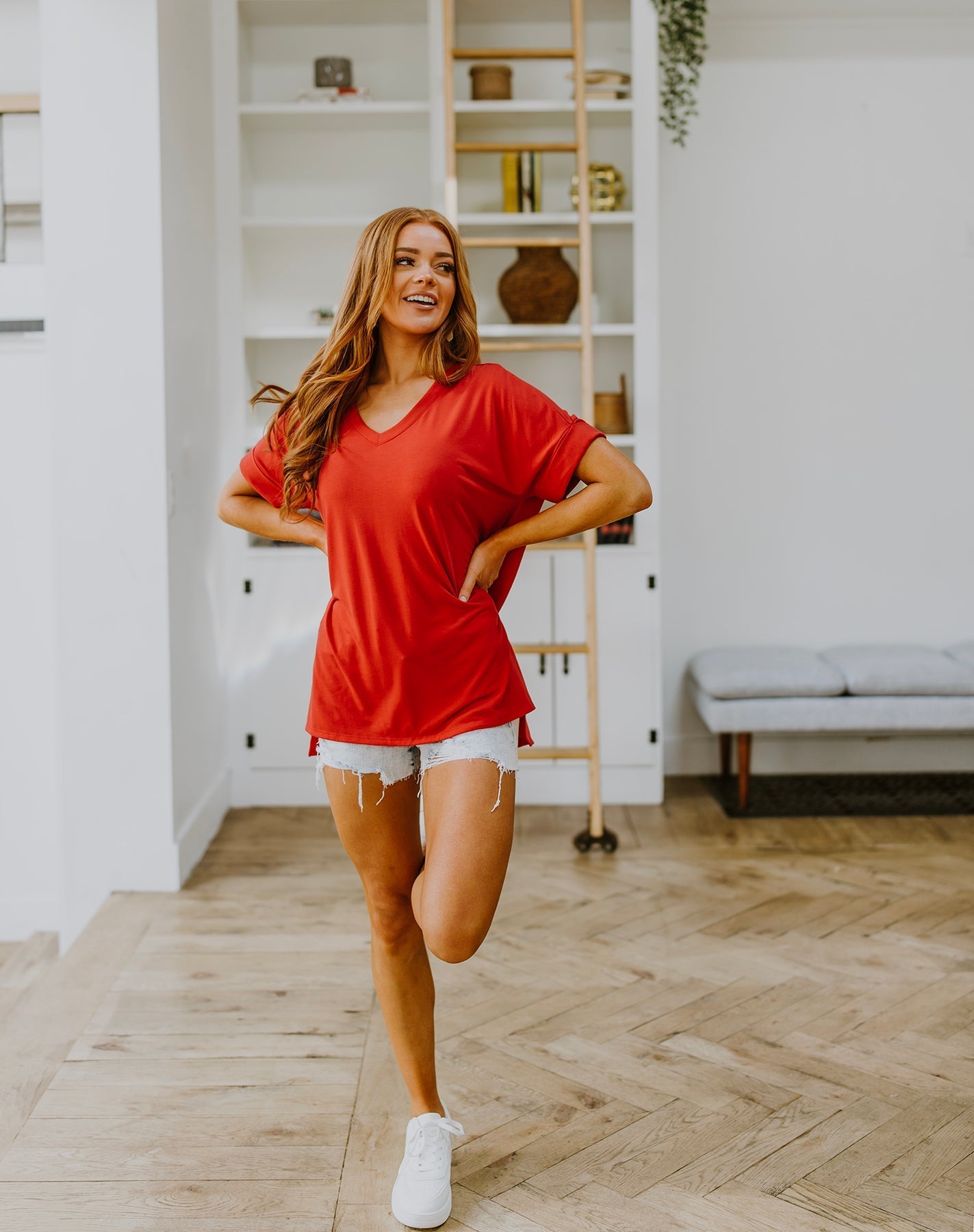 Easy Mornings V - Neck T - Shirt In Red (Online Exclusive) - Uptown Boutique Ramona