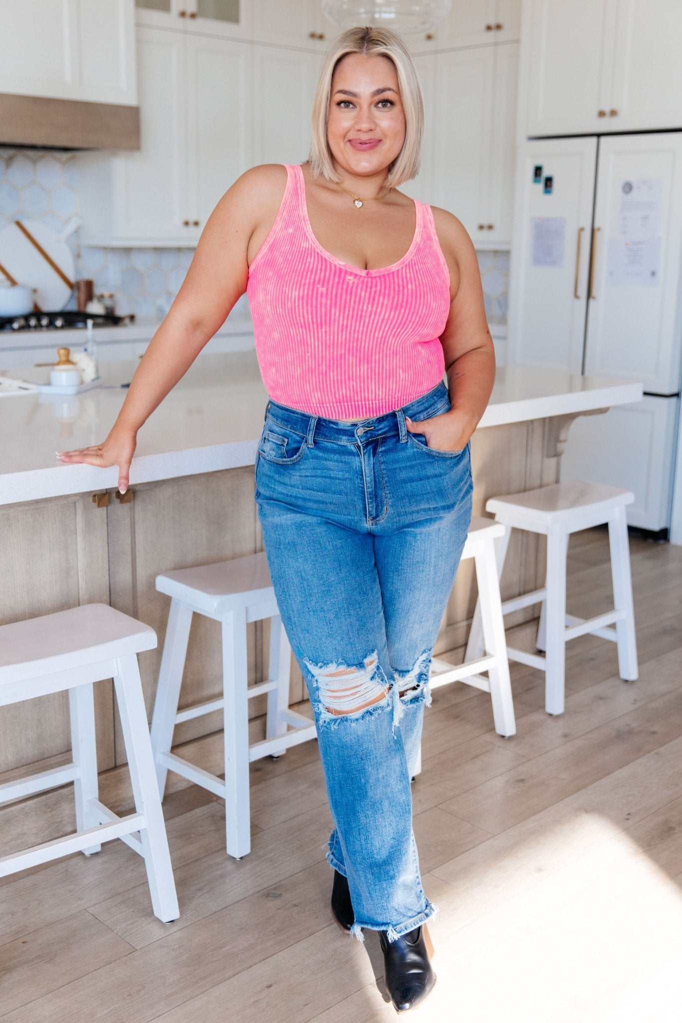 Effortless Reversible Mineral Wash Ribbed Tank in Neon Coral (Online Exclusive) - Uptown Boutique Ramona