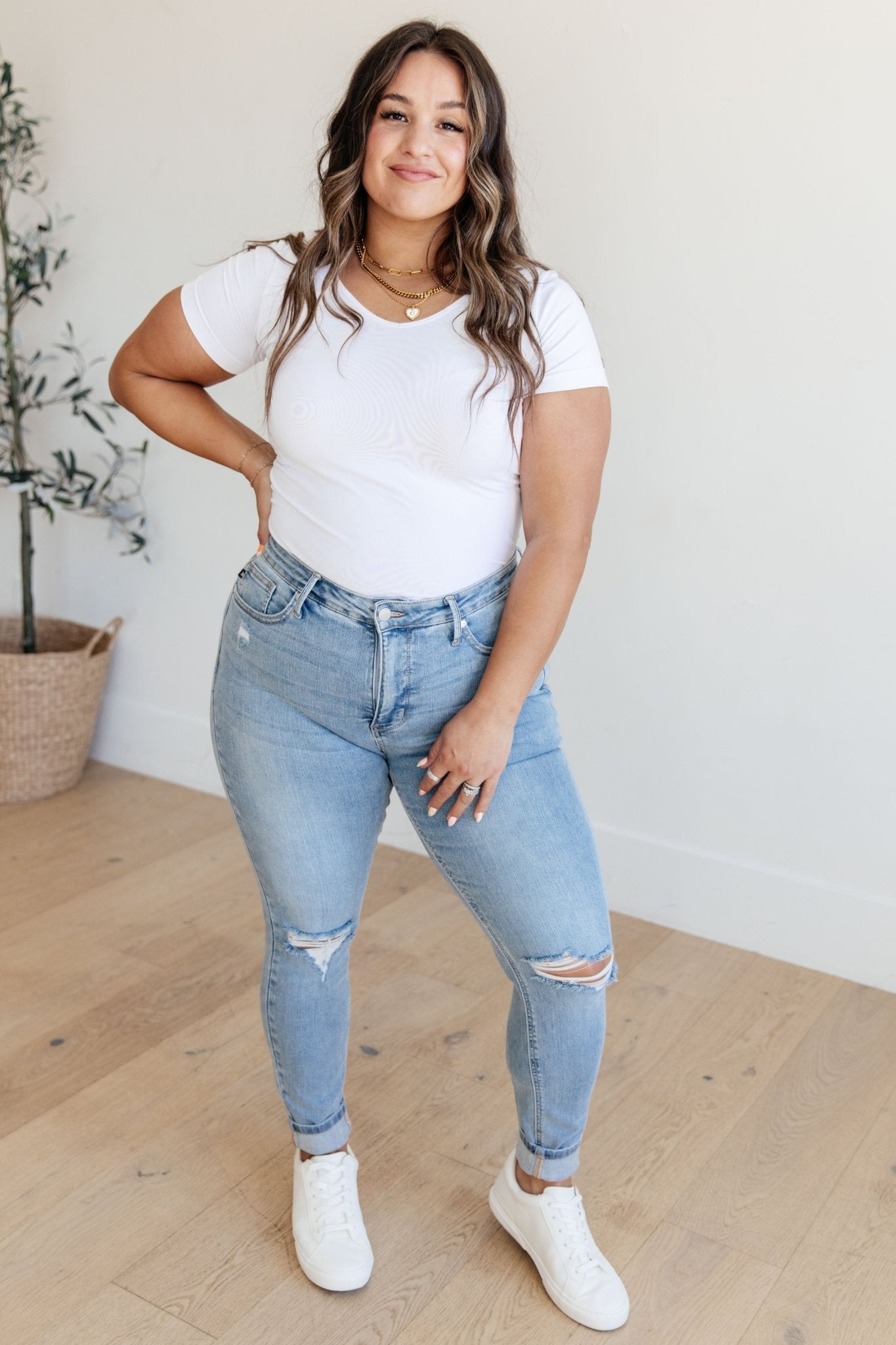 Eloise Mid Rise Control Top Distressed Skinny Jeans (Online Exclusive) - Uptown Boutique Ramona
