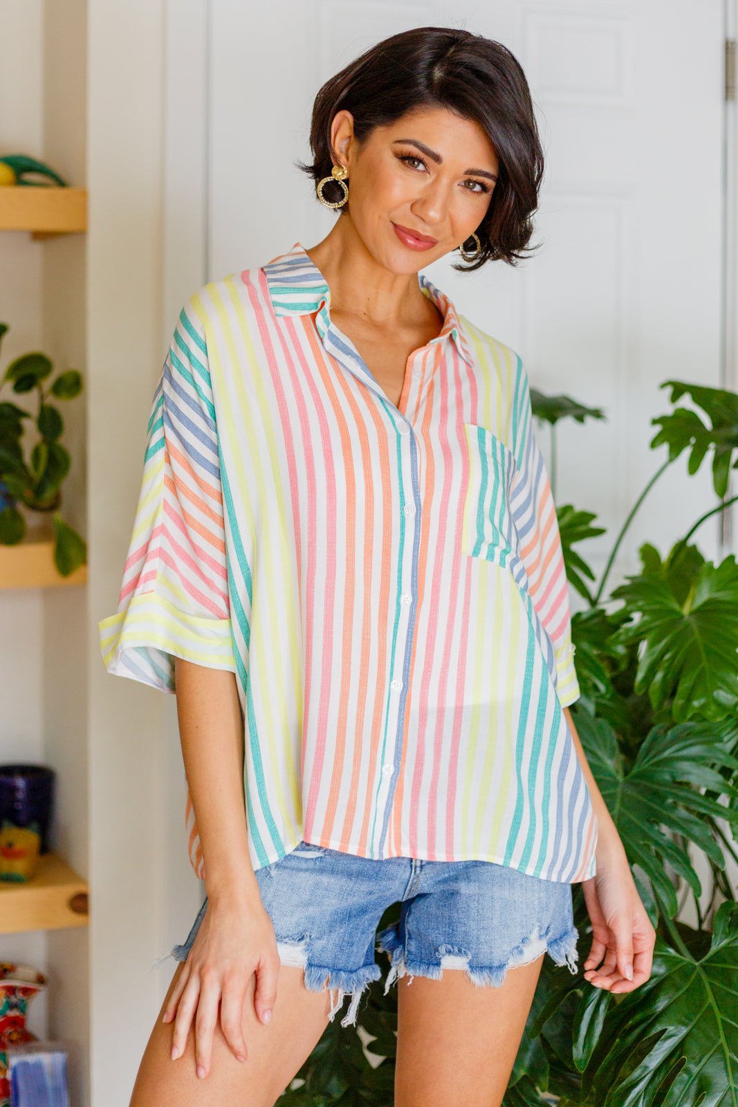 End Of The Rainbow Striped Button Up (Online Exclusive) - Uptown Boutique Ramona