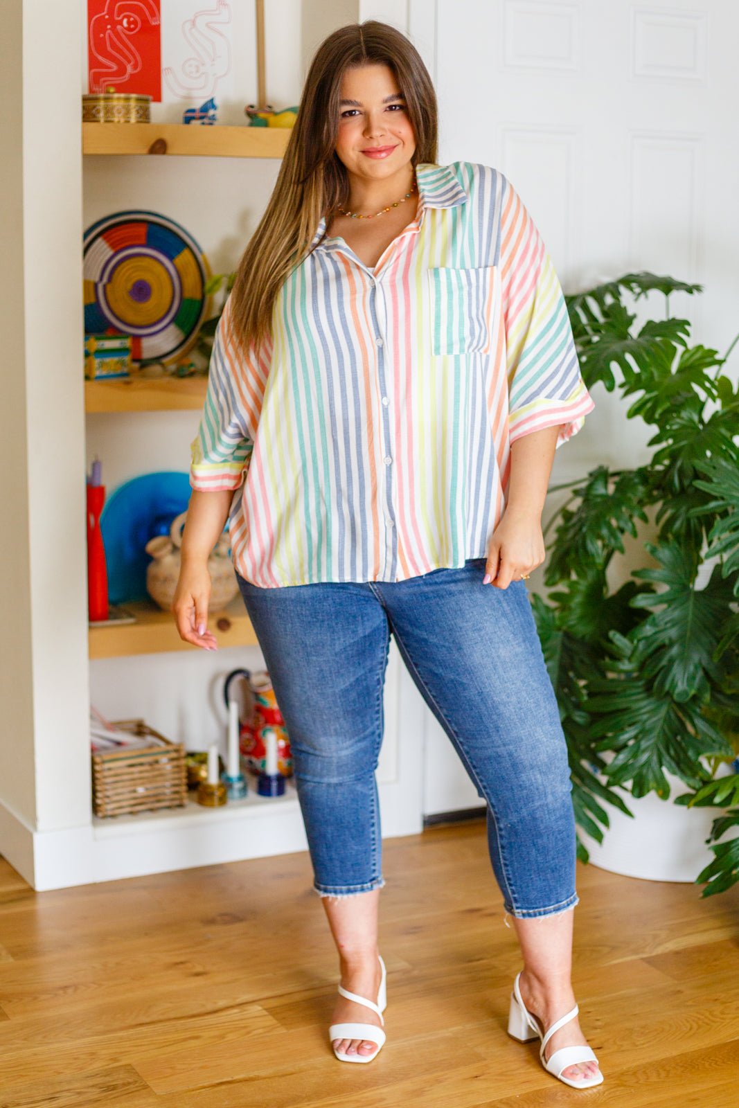 End Of The Rainbow Striped Button Up (Online Exclusive) - Uptown Boutique Ramona