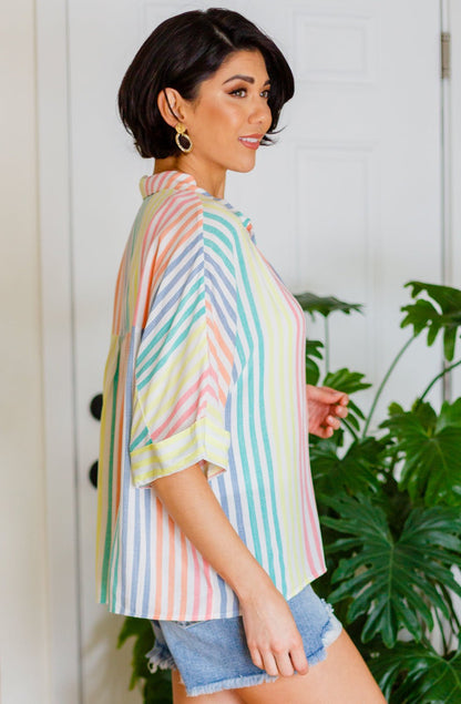 End Of The Rainbow Striped Button Up (Online Exclusive) - Uptown Boutique Ramona