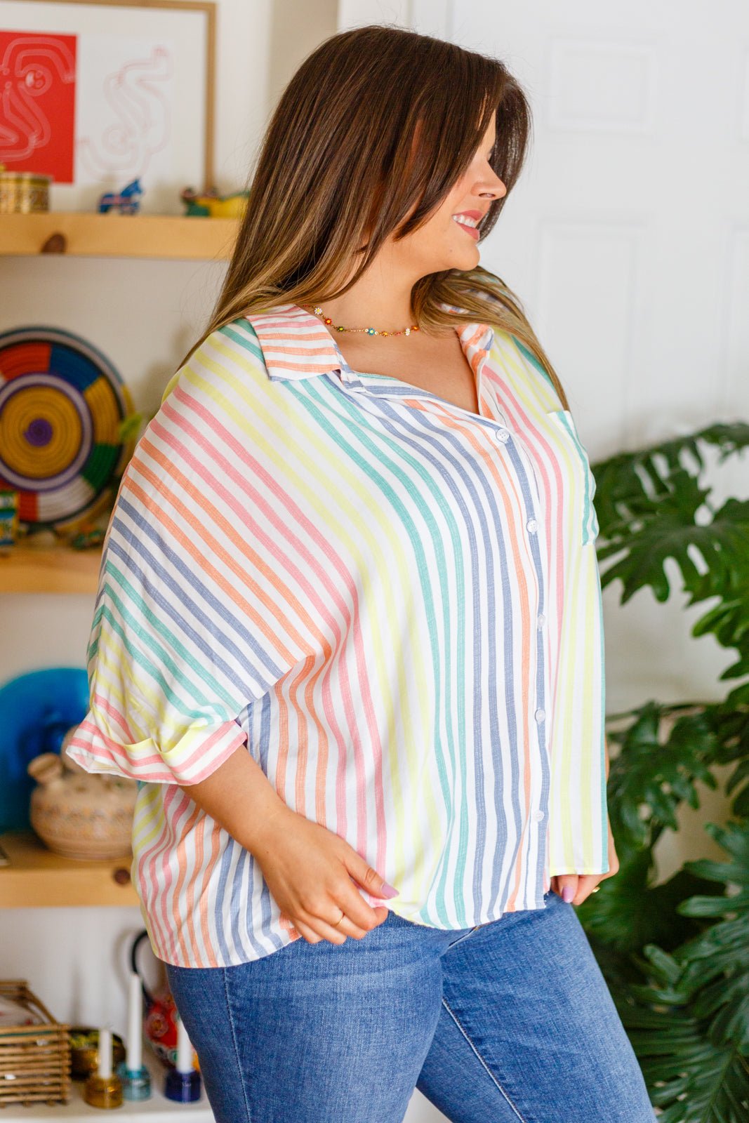 End Of The Rainbow Striped Button Up (Online Exclusive) - Uptown Boutique Ramona