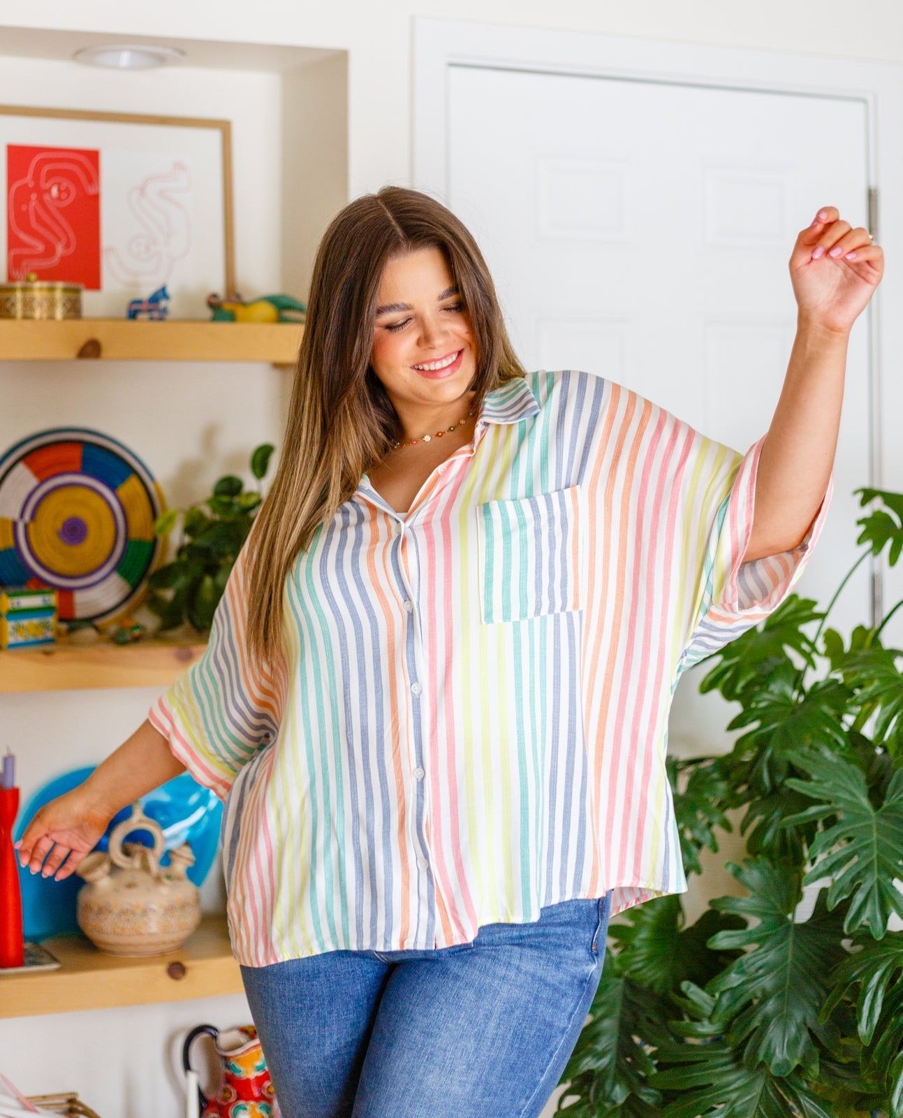 End Of The Rainbow Striped Button Up (Online Exclusive) - Uptown Boutique Ramona