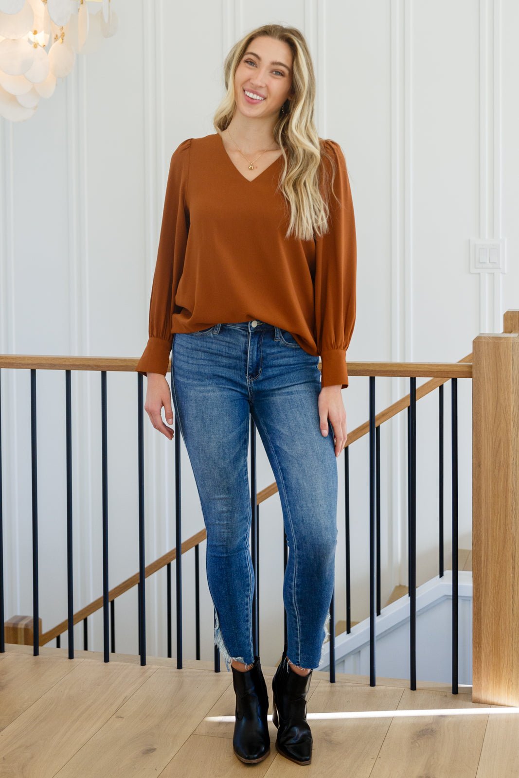 Enjoy This Moment V Neck Blouse In Toffee (Online Exclusive) - Uptown Boutique Ramona