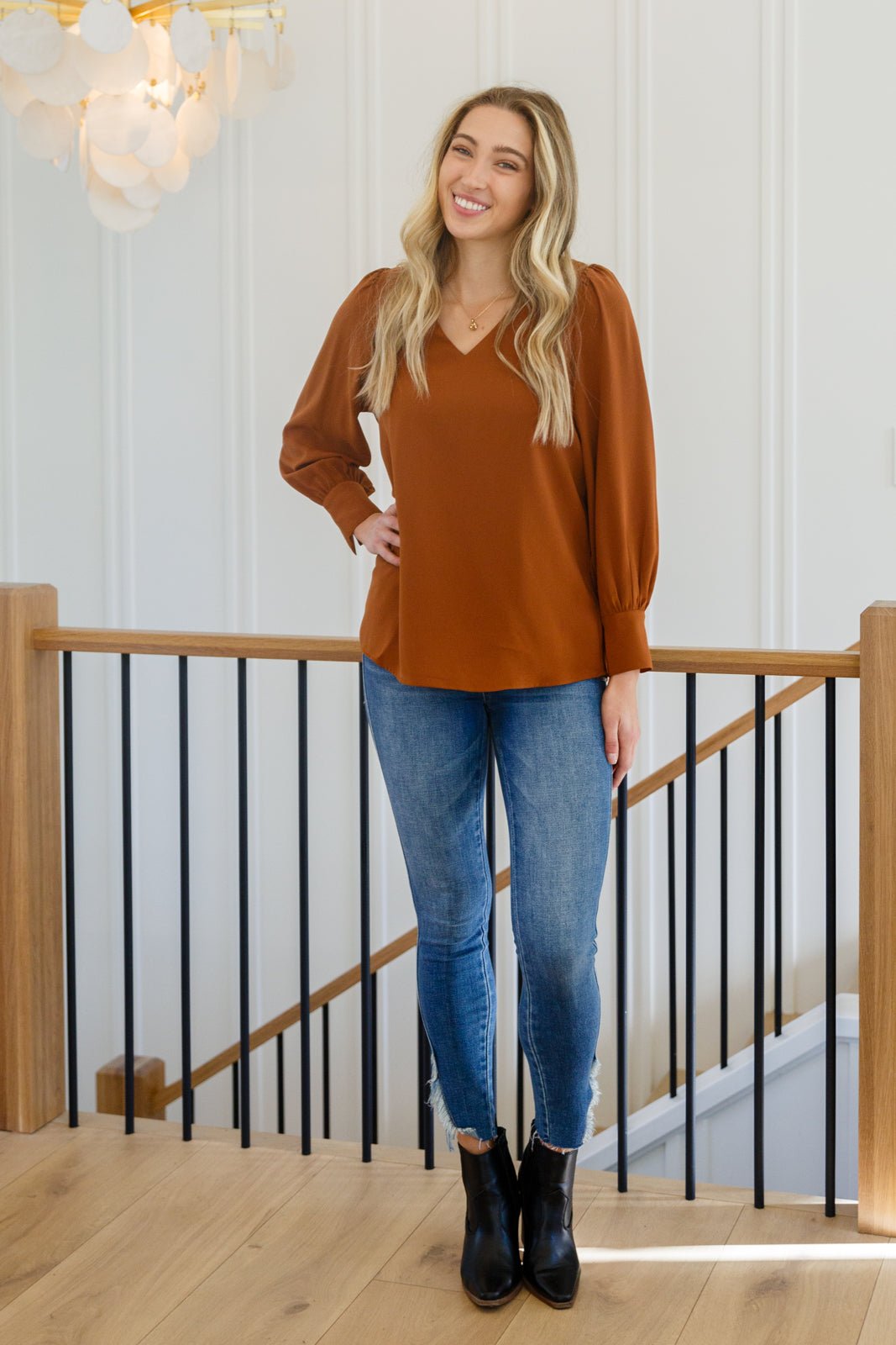 Enjoy This Moment V Neck Blouse In Toffee (Online Exclusive) - Uptown Boutique Ramona