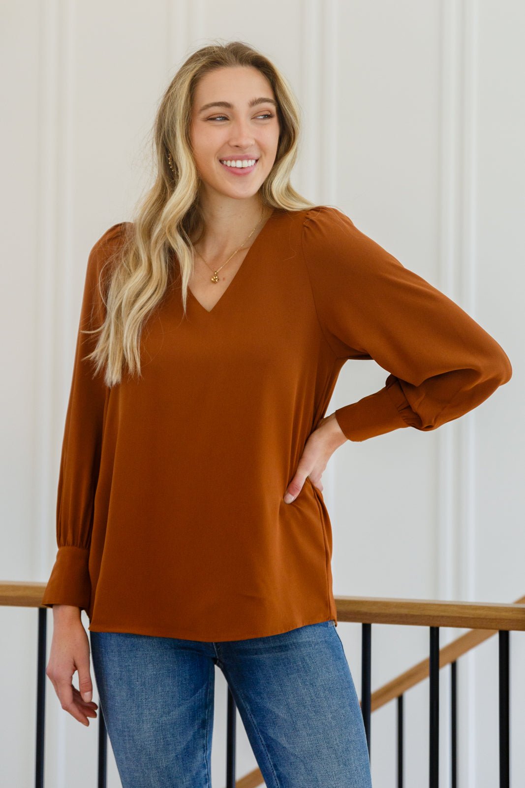 Enjoy This Moment V Neck Blouse In Toffee (Online Exclusive) - Uptown Boutique Ramona