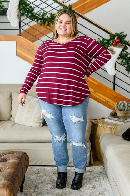 Erika Striped V - Neck Long Sleeve Top in Burgundy (Online Exclusive) - Uptown Boutique Ramona