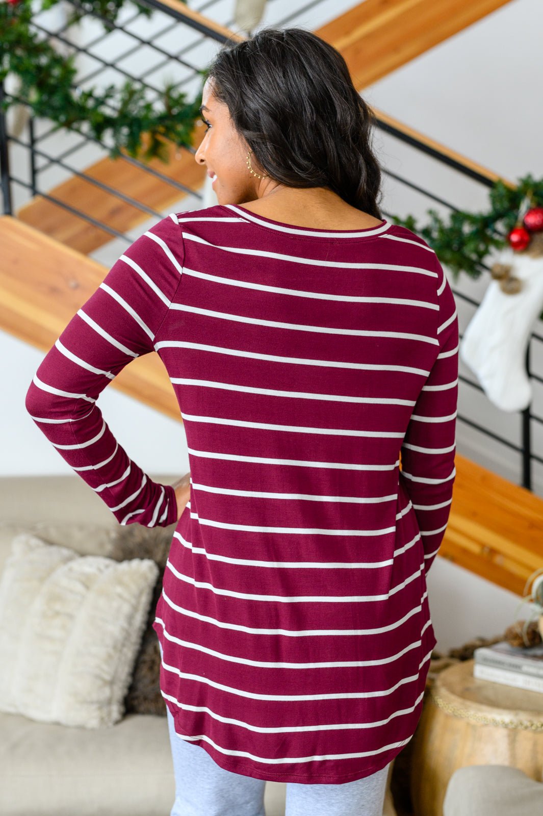 Erika Striped V - Neck Long Sleeve Top in Burgundy (Online Exclusive) - Uptown Boutique Ramona