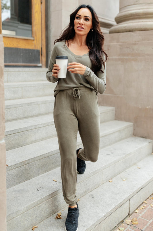 Essential Lounge Joggers in Mineral Wash Olive (Online Exclusive) - Uptown Boutique Ramona