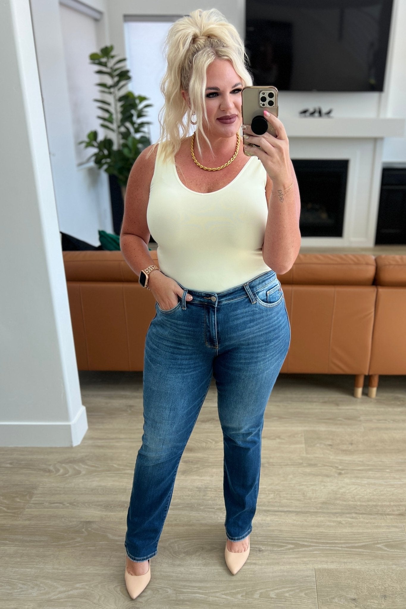 Estelle High Waist Thermal Straight Jeans (Online Exclusive) - Uptown Boutique Ramona