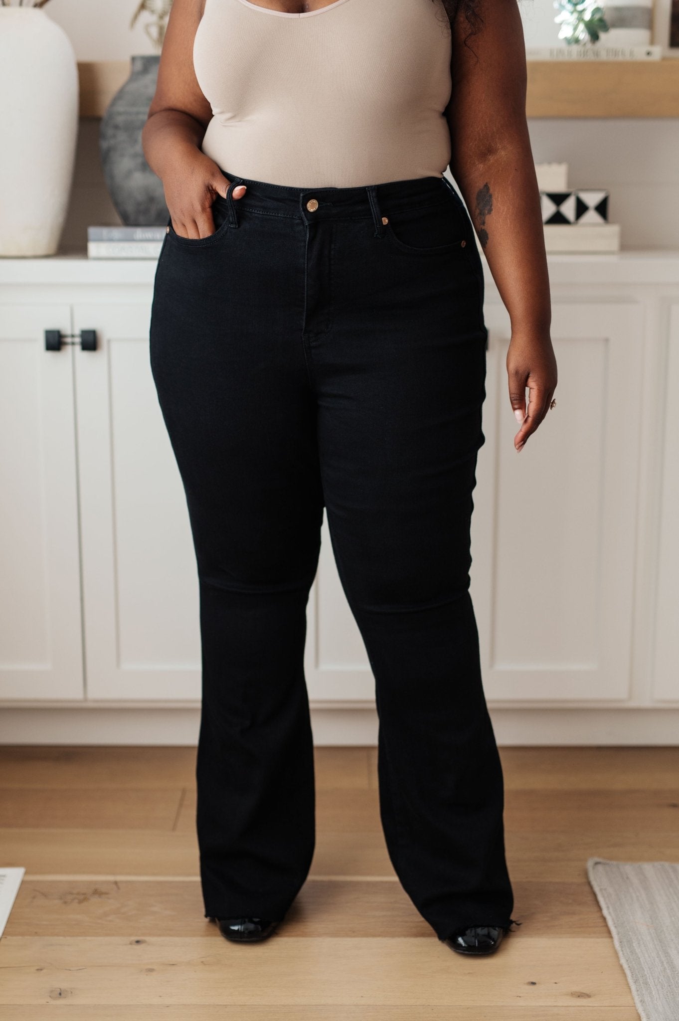 Etta High Rise Control Top Flare Jeans in Black (Online Exclusive) - Uptown Boutique Ramona