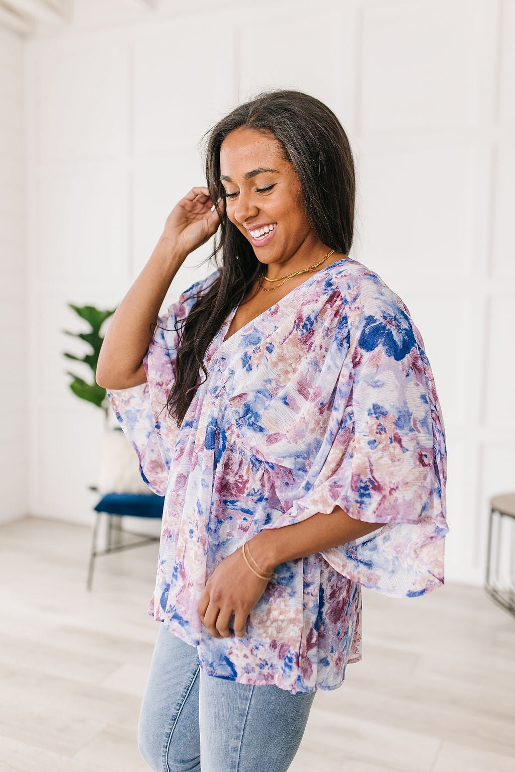 Fabled in Floral Draped Peplum Top in Blue (Online Exclusive) - Uptown Boutique Ramona