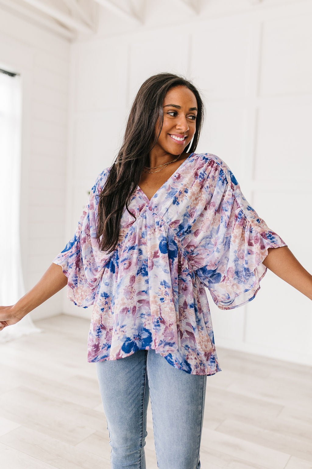 Fabled in Floral Draped Peplum Top in Blue (Online Exclusive) - Uptown Boutique Ramona