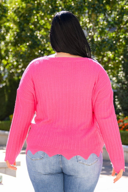 First Meeting Scallop Hem Sweater In Hot Pink (Online Exclusive) - Uptown Boutique Ramona