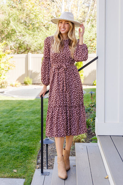 Flow With The Times Floral Midi Dress In Brown (Online Exclusive) - Uptown Boutique Ramona