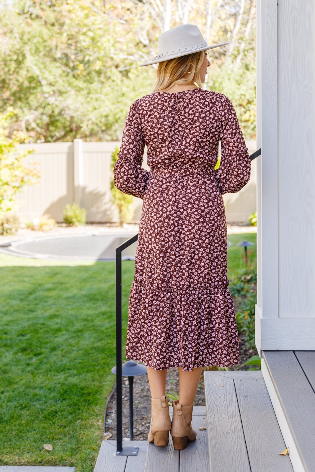 Flow With The Times Floral Midi Dress In Brown (Online Exclusive) - Uptown Boutique Ramona