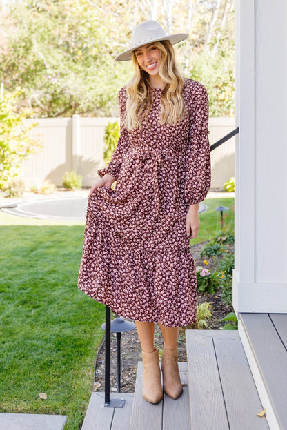 Flow With The Times Floral Midi Dress In Brown (Online Exclusive) - Uptown Boutique Ramona