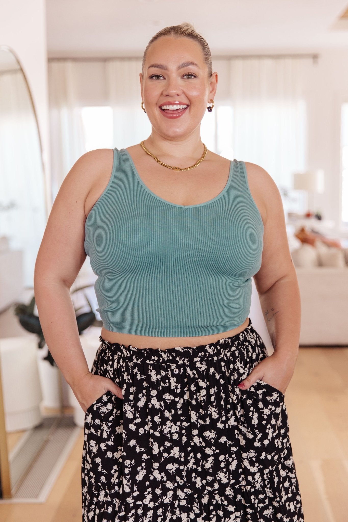 Fundamentals Ribbed Seamless Reversible Tank in Vintage Blue (Online Exclusive) - Uptown Boutique Ramona